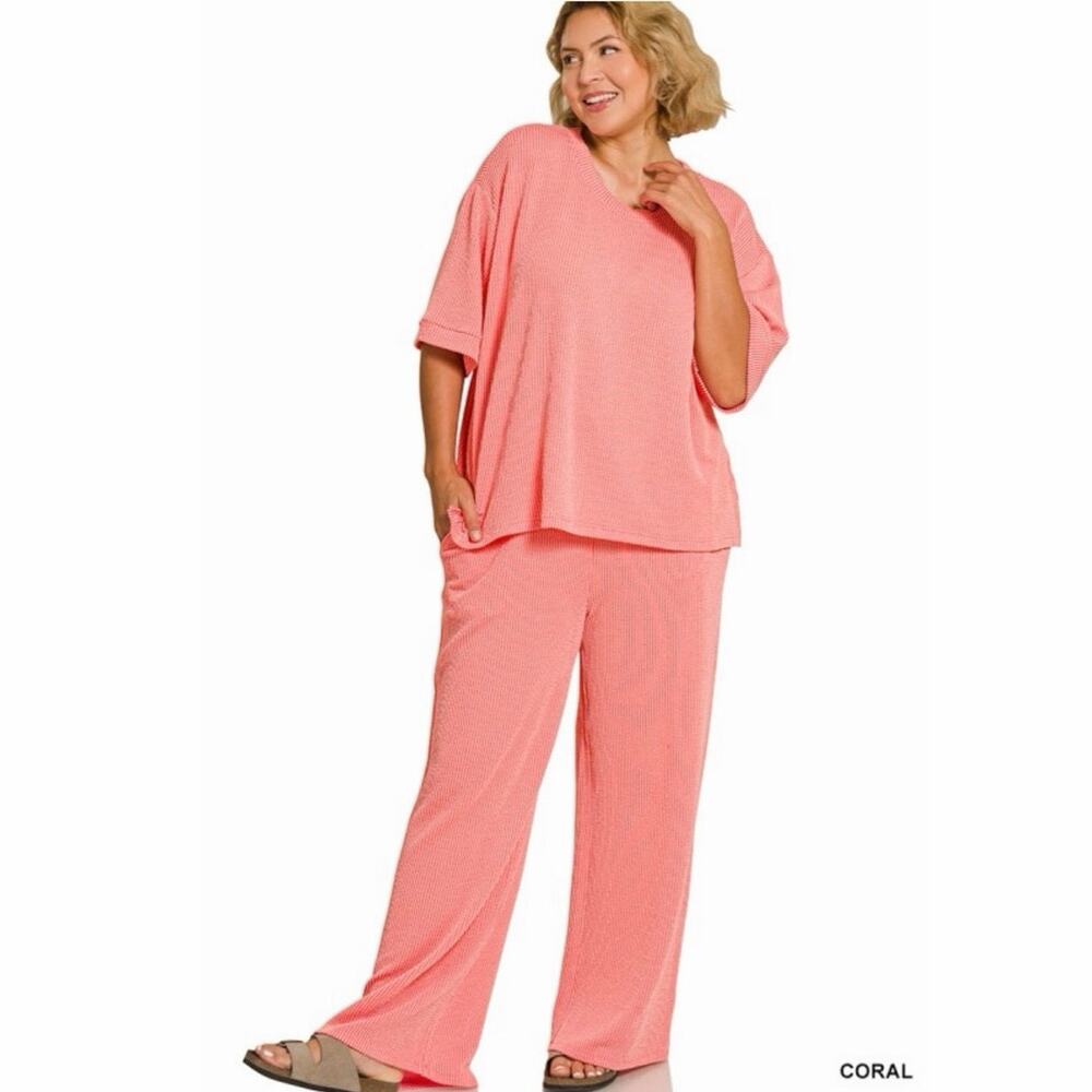 Zenana Coral Ribbed Textured Two-Piece Set – Size 1X – NWOT